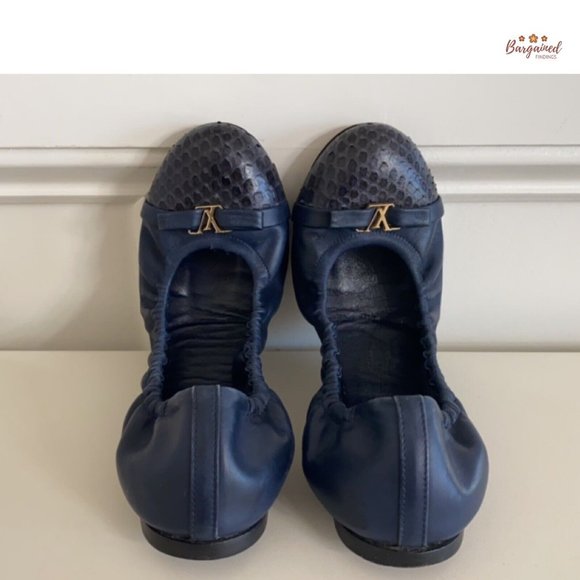 Authentic Louis Vuitton Navy Leather Reptile Toe Bow Scrunch Ballet Flats 37/7 - Picture 6 of 13